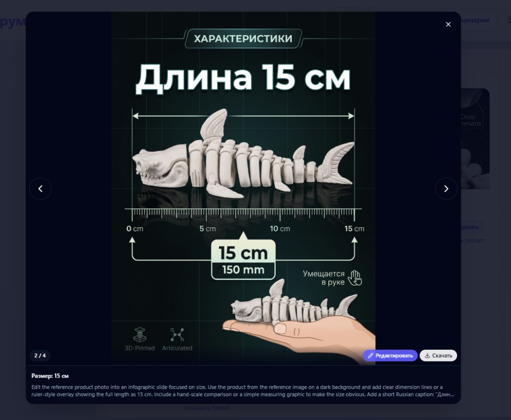 Крупный просмотр инфографики с размером товара