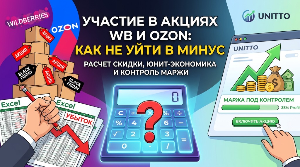 Участие в акциях Wildberries и Ozon: расчёт скидки, юнит-экономика, маржа под контролем Unitto — обложка гайда для селлеров.