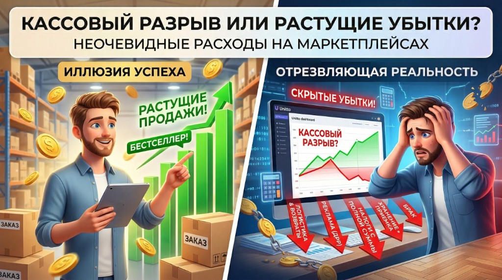 Кассовый разрыв и скрытые убытки на маркетплейсе: рост продаж против реальных расходов на логистику, рекламу и налоги — дашборд Unitto
