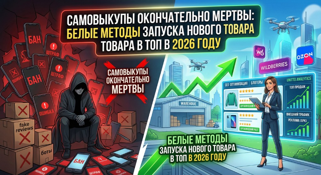 Самовыкупы против белых методов продвижения на маркетплейсах Wildberries и Ozon в 2026 году: бан и штрафы слева, органический рост, SEO, внешний трафик и Unitto Analytics справа.