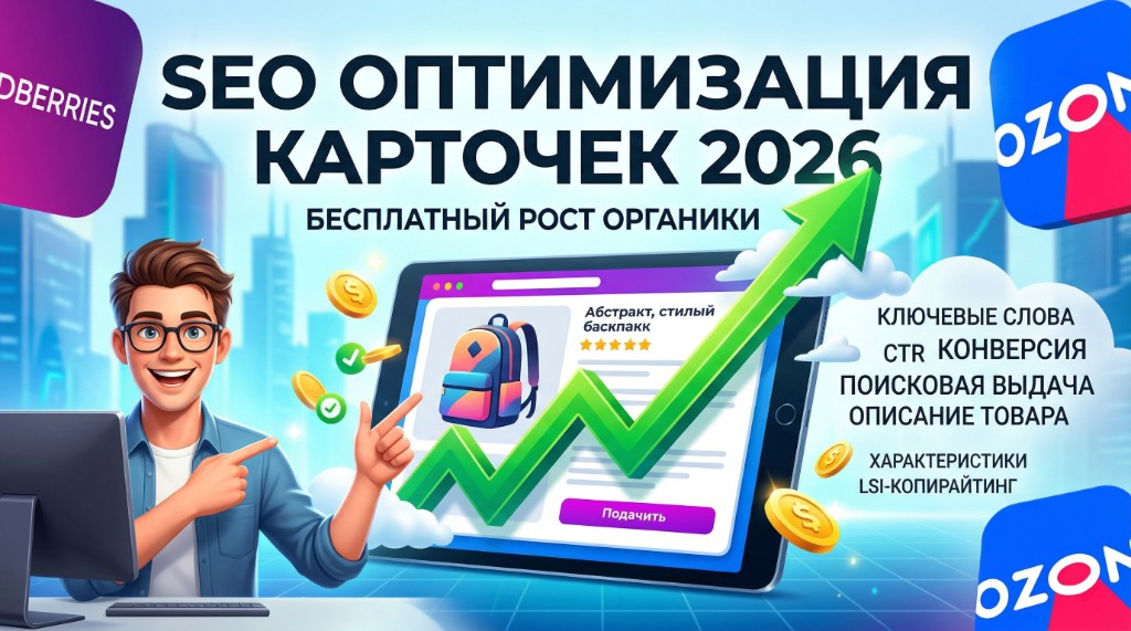 Иллюстрация к статье про SEO оптимизацию карточек товаров на Wildberries и Ozon в 2026 году: рост органического трафика, ключевые слова и LSI-копирайтинг.