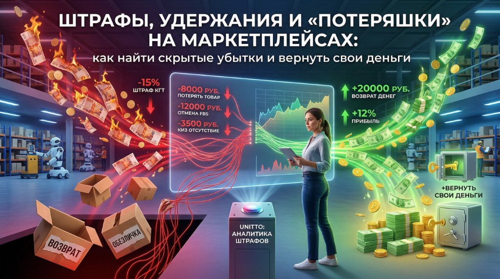 Инфографика об аналитике штрафов и удержаний на маркетплейсах Wildberries и Ozon с брендом Unitto: убытки от логистики и потерь товара и рост прибыли через возврат средств.